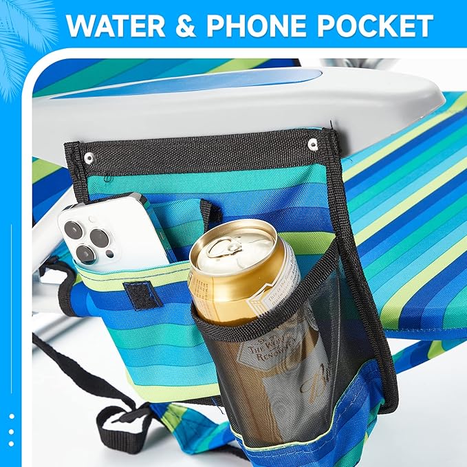 Portable Beach Chair for Adults, Outdoor Camping Chair Lay Flat Folding Backpack Beach Reclining Chair with 5 Positions, Headrest, Cup Holder, Heavy Ocean Striped