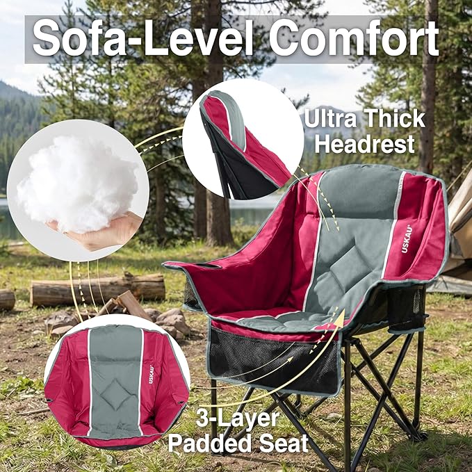 Oversized Camping Chair for Adults - Heavy Duty 400 lbs Padded Folding Chair with Wine Glass Holder, 2 Cup Holders & Side Pockets, Portable Carry Bag for RV, Tailgating, Lawn