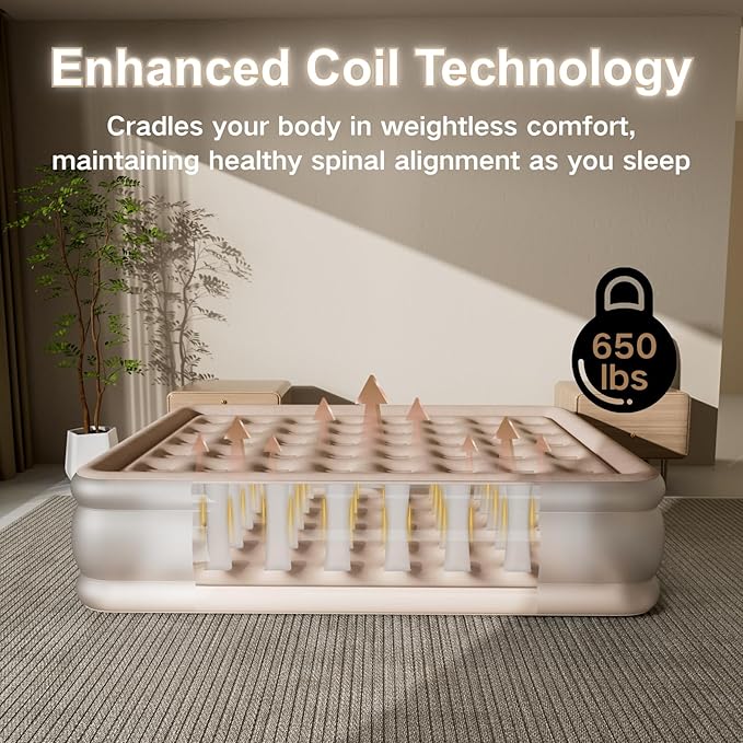 Semi-Frosted Full Air Mattress - 18 Raised Comfort Air Bed, 650lb Capacity w/USB Pump | Ultra Plush Khaki Velvet Top | Camping & Guest Bed | Fast Inflation & Leak-Proof