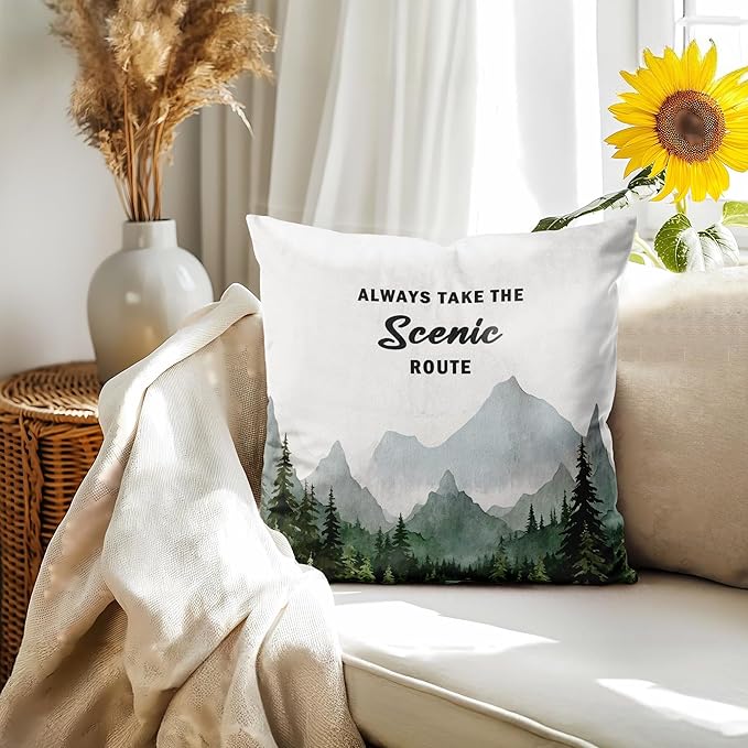 Camping Forest Scenic Mountain Nature Pillow Cover Case 18x18,Camper Lover Gifts,Always Take The Scenic Route Forest Green Camping Pillow Cover Decorative for Home Decor,Rv Pillows Cover,A244