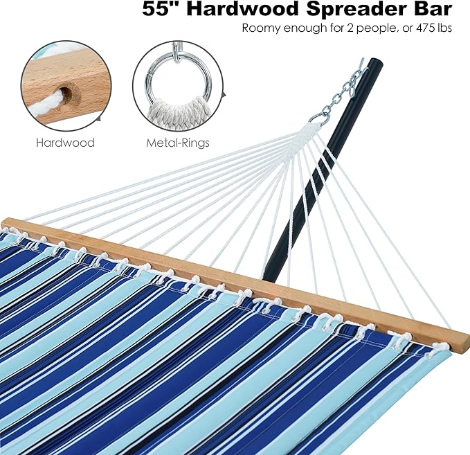 GAFETE 2 Person Hammock with Stand for Outside, Heavy Duty Steel Stand, Double 55inch Hammocks, Large Removable Pillow, Storage Bags, Max 475 lbs Capacity (Pacific Stripe Blue)