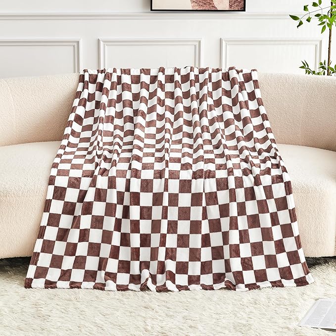 Edenleaf Brown Checkered Blanket, Ultra Soft Cozy Flannel - Checkered Grid Print Throws for Bed Sofa Couch, Luxury Throw Blanket for All Seasons, 50x60 Inch, Brown