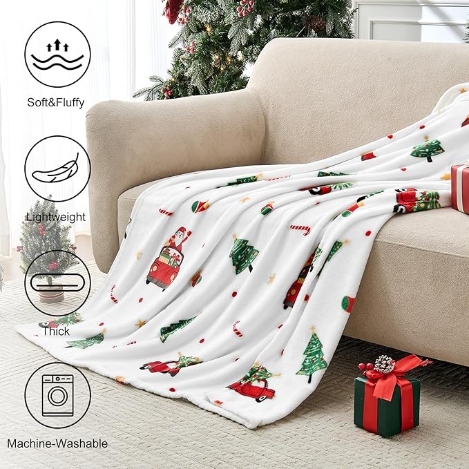Edenleaf Christmas Blanket - White Holiday Throw with Santa Claus & Snowman - Warm Cozy Fleece Winter Blanket, 60x80 Inches，White