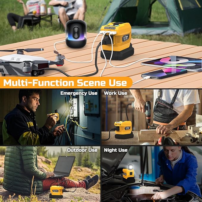 220W Power Inverter Compatible with Dewalt 20V Battery, DC 20V to AC 110V Portable Power Station Generator with 1 AC Outlet, 2 USB Ports & 1 Type-C Fast Charging, 400LM LED Work Light (2-Pack)