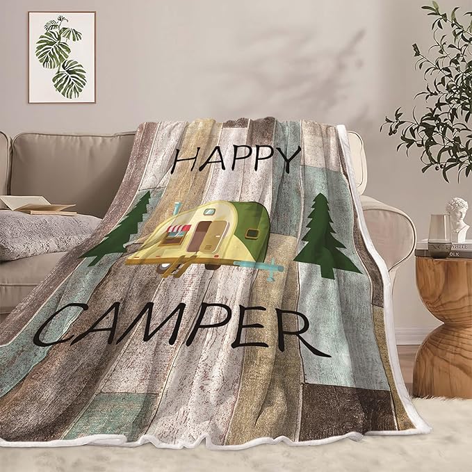 Camping Throw Blanket, Camping Gifts for Camper Outdoor Travel Trailer Blanket, Super Soft Comfy Fleece Flannel Throws Blankets for Couch Bed Sofa Living Room Bedroom Decor Green 60x70 Inches