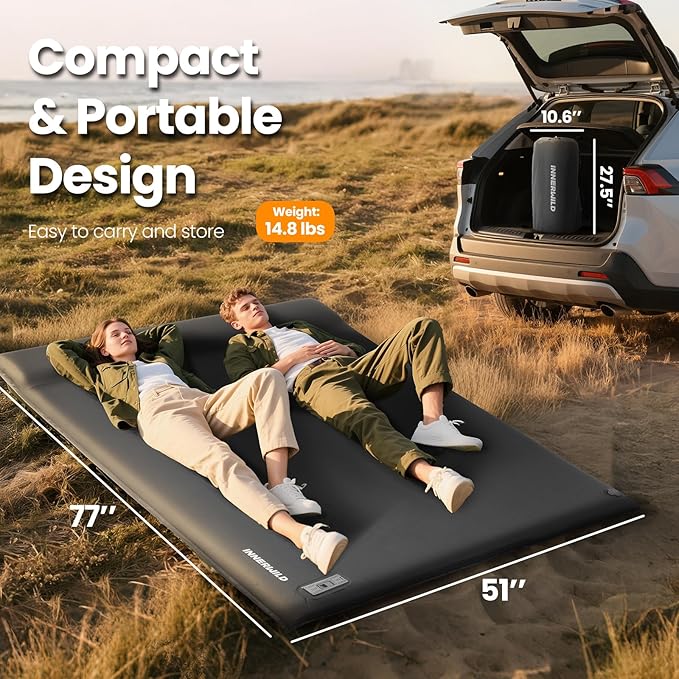 Double Camping Sleeping Pad with Electric Pump, 3.15" Thick 2 Person Self Inflating Memory Foam Mattress Pad with Pillow, Portable Sleeping Mat for Travel, Car, Tent, Home - Grey, Full Size