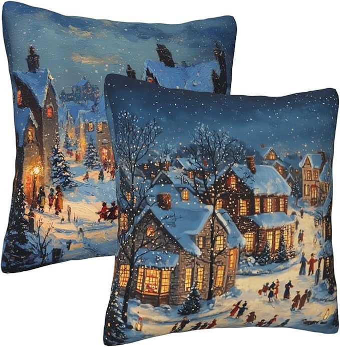 Blue Happy Winter Throw Pillow Covers 18x18 inch Set of 2 Christmas Pillow Case Cushion Cover for Home Sofa Couch Living Room Car Decor