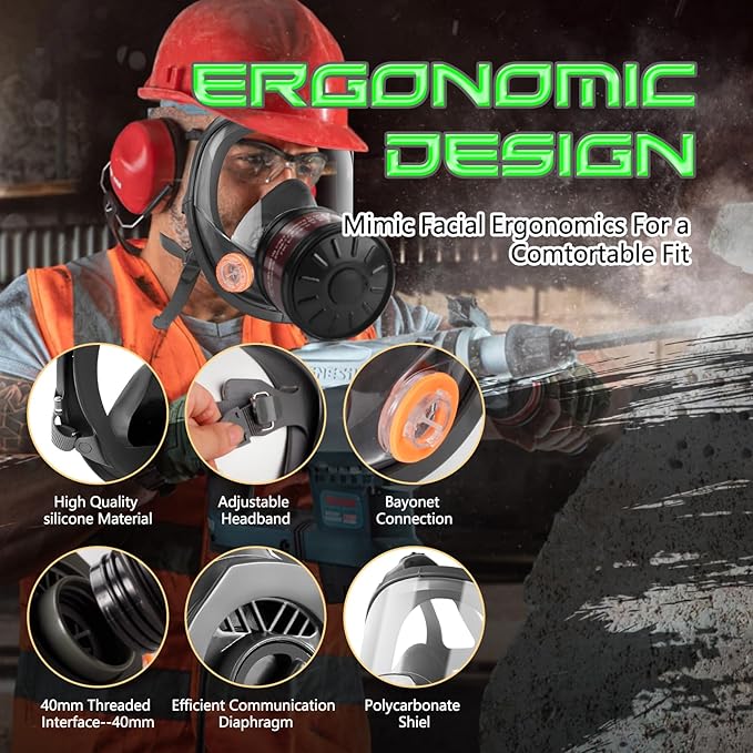 HANUU Gas Masks Survival Nuclear and Chemical, Gas Mask with 40mm Activated Carbon Filter and P-A-1 Filters, Tactical Full Face Respirator Mask for Gases Vapor Chemicals Spray Paint Resin Dust
