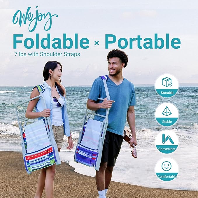 #WEJOY Folding Beach Chair for Adults, Lightweight Beach Chair with Shoulder Straps, High Back Camping Chairs with Hard Armrest, Supports 300lbs for Outdoor Lawn Concert