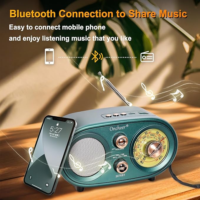 Oncheer Portable Retro Vintage Bluetooth Speaker Radio, FM/AM/SW 3 Band, Adjustable Antenna, Battery Powered, Support TF Card, USB Playing Music, Home Decor Gifts for Friends Family -Greencolor