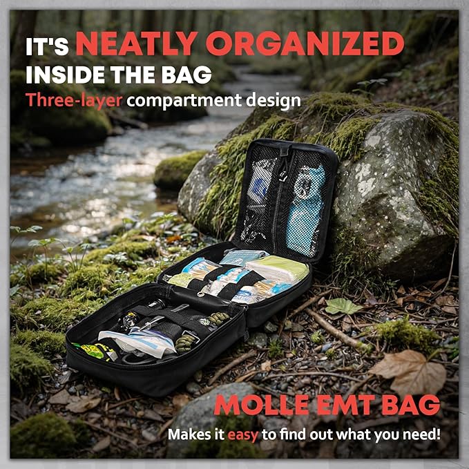 242 Piece First Aid & Survival Kit – Molle Pouch IFAK, 1000D Nylon, Color-Coded Compartments, Medical Kit for Camping, Boat, Hunting, Hiking, Home, Car/Home/Earthquake Emergency (Black)
