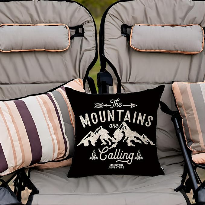 The Mountains are Calling Adventure Arrow Campfire Outdoor Adventure Mountain Forest Trees Throw Pillow Cover Cushion Case Cotton Linen Material Decorative 18X18 inches