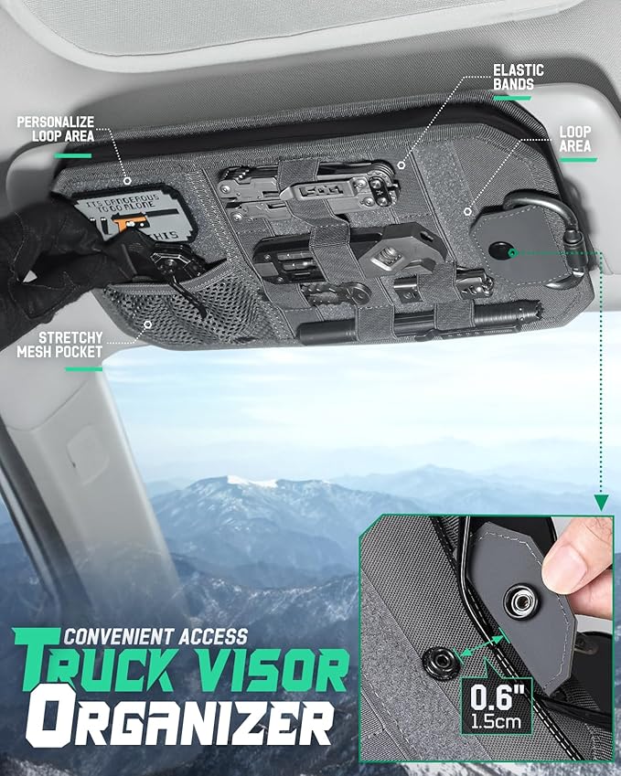 LIVANS Tactical Car Sun Visor Organizer, Auto Accessories Semi-Rigid Molle Panel with Zipper Storage Pouch & Glasses Holder, Gift for Car Gear, Fit Cars, Trucks, Suvs, Jeeps & Patrols (Gray)