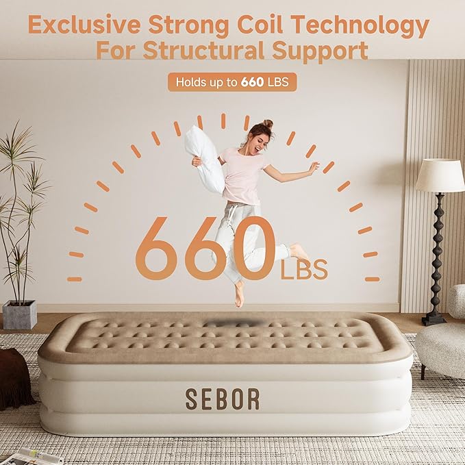 Sebor Air Mattress Twin with Built-in Pump 18", Comfortable Self-Inflating Air Mattress with High-Speed Pump, Durable Blow Up Mattress Twin with Storage Bag for Guests, Camping, Travel