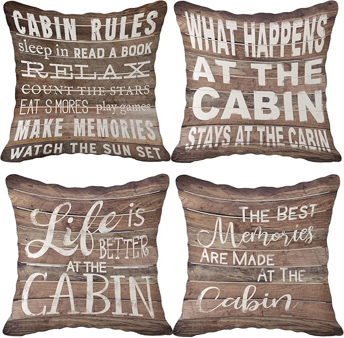 (RB) Life is Better at The Cabin Vintage Wood Grain Throw Pillow Case, 18 x 18 Inch Set of 4, Cabin Outdoor Porch Decorative, Cabin Decor, Cabin Rules Decor, Cabin Pillows Cover for Sofa Couch Bed