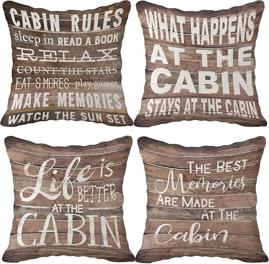 (RB) Life is Better at The Cabin Vintage Wood Grain Throw Pillow Case, 18 x 18 Inch Set of 4, Cabin Outdoor Porch Decorative, Cabin Decor, Cabin Rules Decor, Cabin Pillows Cover for Sofa Couch Bed