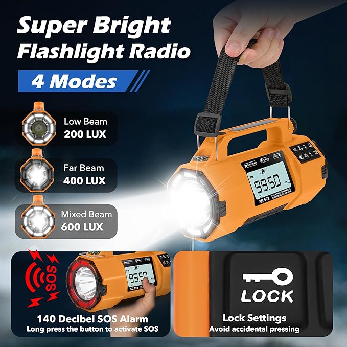 Emergency Radio NOAA Weather Alert FM/AM/SW, Hand Crank Radio with Replaceable Battery, Solar Power/USB-C Charging, Headphone Jack, Sleep Timer Clock, SOS Alarm for Camping/Outdoors