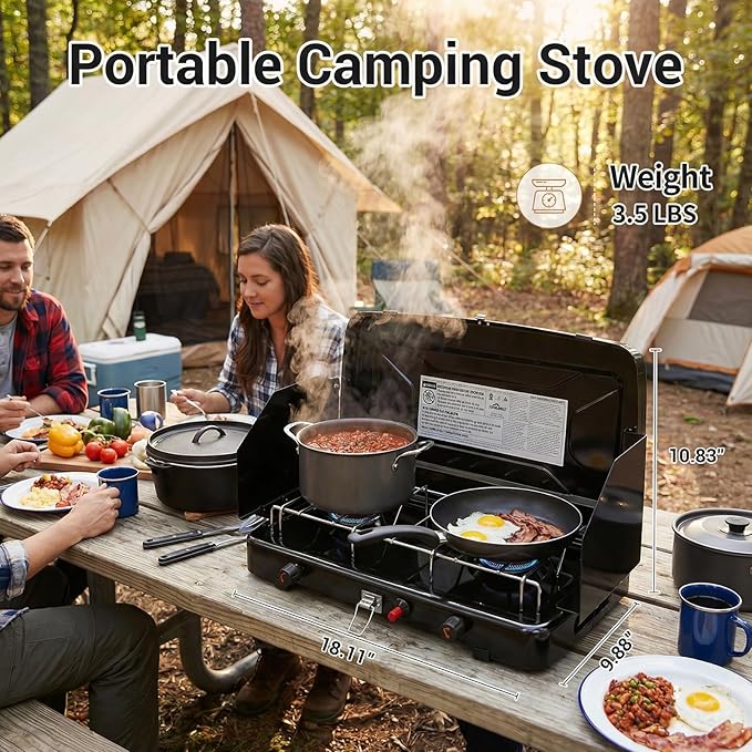 FineFlame Camping Stove, 2 Burners Propane Portable Camp Stove with Regulator, Push-Button Instant Ignition, Adjustable Burners & Wind Guards for Car BBQ Picnics Outdoor Cooking(13000BTU)