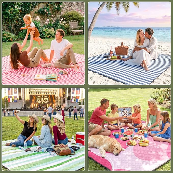 Genovega Waterproof Picnic Blanket Beach Outdoor Camping Mat Rug Extra Large Foldable Cute Big Travel Essential Accessories Gift Park Patio Lawn Garden Grass Ground Music Festival Must Have Checkered