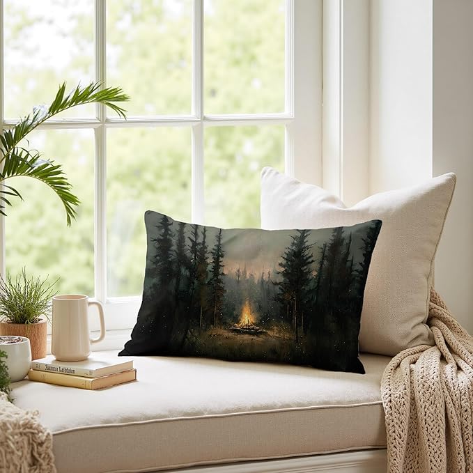 Vintage Forest Campfire Pillow Covers 20x12, Moody Pine Tree Camping Decor, Rustic Woodland Campsite Decorative Throw Pillow Covers for Home Bedroom Living Room,Camper Lover Gifts