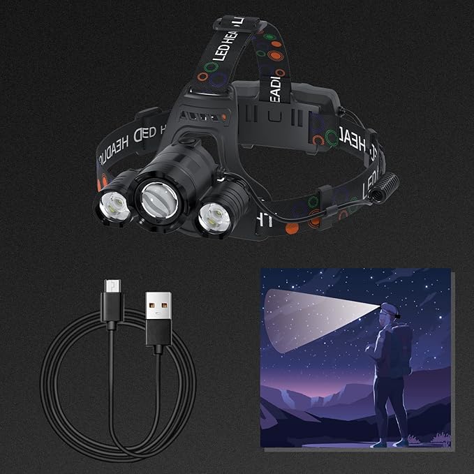 Headlamp Rechargeable 6000 Lumens Super Brightest 4 Modes Head Lamp for Adults Zoom Waterproof Headlight 90°Angle Adjustable Head Lights for Outdoor Camping Hunting Running Hiking(Black)