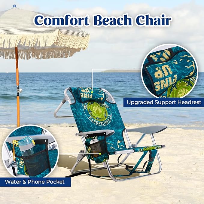 Portable Beach Chair for Adults, Outdoor Camping Chair Lay Flat Folding Backpack Beach Reclining Chair with 5 Positions, Headrest, Zipper Pouch, Cup Holder, Water Ripple
