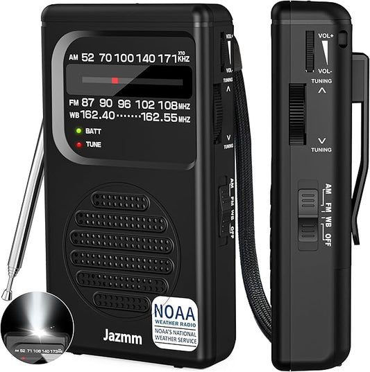 Pocket NOAA Weather Radio,Portable AM FM Battery Operated Radio with 3W Speaker,Transistor with Best Reception,Back Clip,Flashlight,Earphone Jack,Powered by 2 AA Battery for Emergency