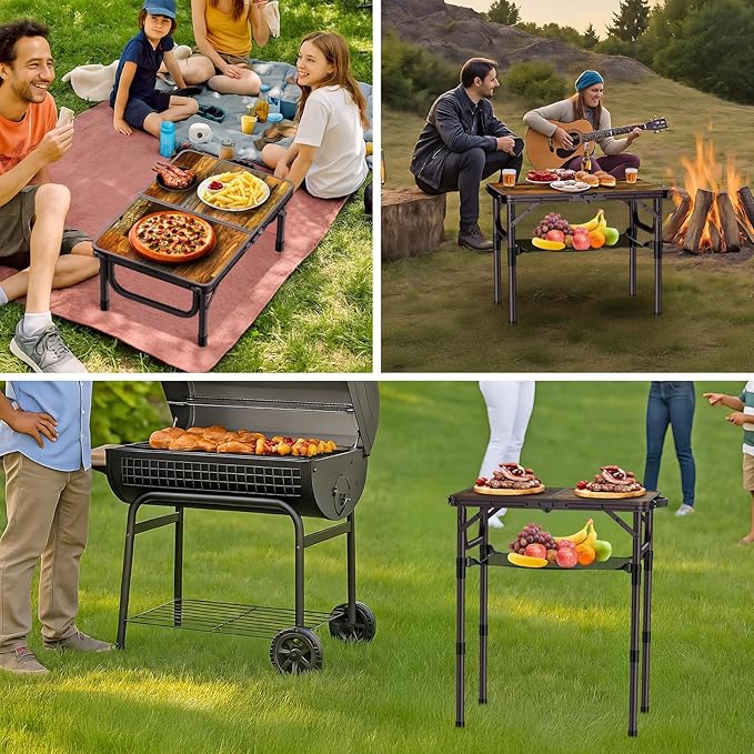 Anbte 2ft Camping Table Foldable with Storage Net, 3 Adjustable Heights 27.5" Aluminum Small Portable Table with Carrying Handle, for Outdoor Indoor Picnic Beach Party Travel, 24" X 16", Brown