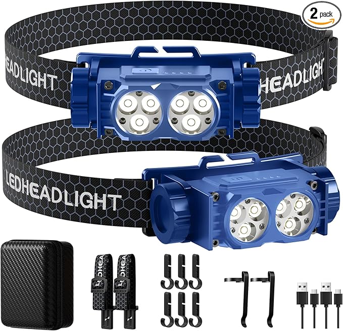 Headlamp Rechargeable 2PCS,4500L Super Bright Light Bright LED Rechargeable Headlight with White Light, Waterproof Head Lamp with Headband for Outdoor Camping, Hiking,Camping Essentials,Working