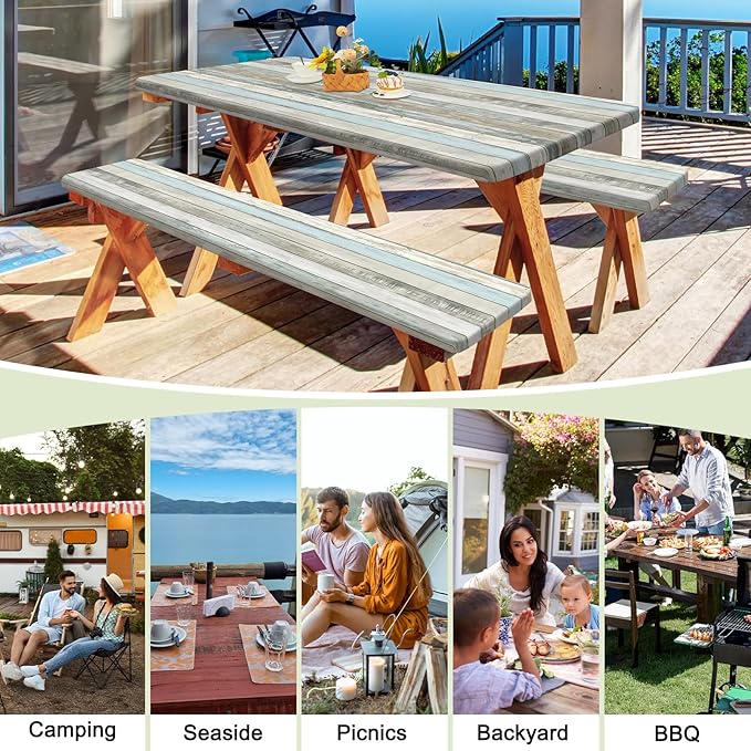 Picnic Table Cover with Bench Covers Portable Table Cloth Built-in Storage Pocket Fitted Tablecloth with Elastic Edges Waterproof Camping Essentials for Indoor Outdoor Rv,72in,Brownish Gray