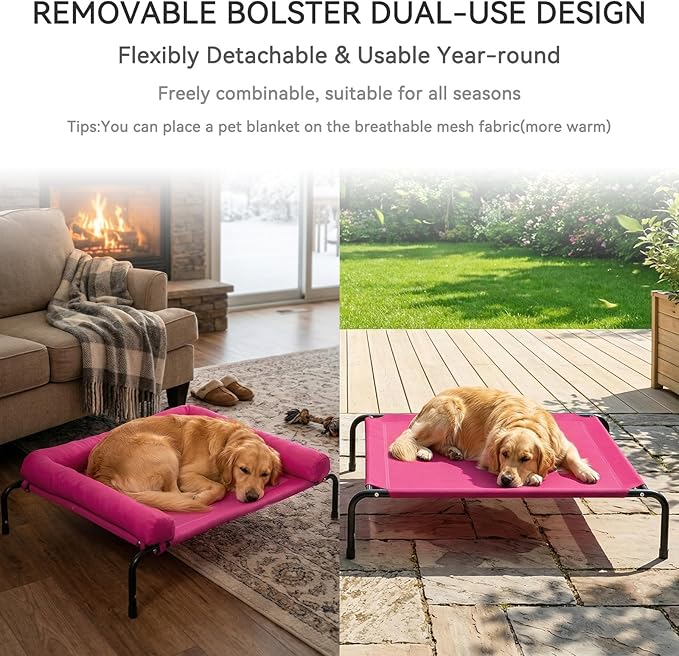 Cooling Elevated Dog Bed for Large Dogs, Outdoor Raised Dog Beds Portable Dogs Cot Bed W/Breathable Mesh, Pet Cots W/Removable Waterproof Bolster