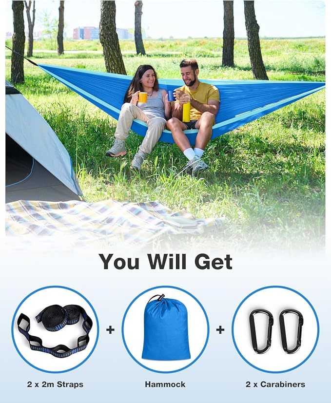 MOSFiATA Camping Hammock, Heavy Duty up to 500lbs with 2 Tree Straps and Attached Carry Bag Portable Outdoor Hammock for Backpacking Hiking Travel,Beach (Sky Blue)