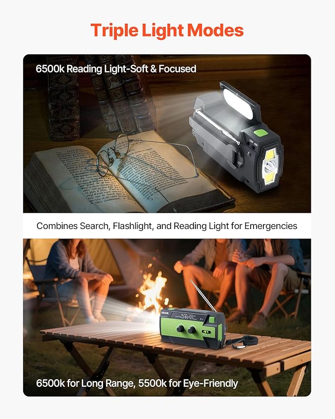 VEVOR Emergency Weather Radio, 4000mAh Battery, FM/AM/WB/NOAA Alert Solar Hand Crank Emergency Radio, with USB Charging Cable, SOS Alarm and Flashlight, Portable for Outdoor Emergencies, Camping