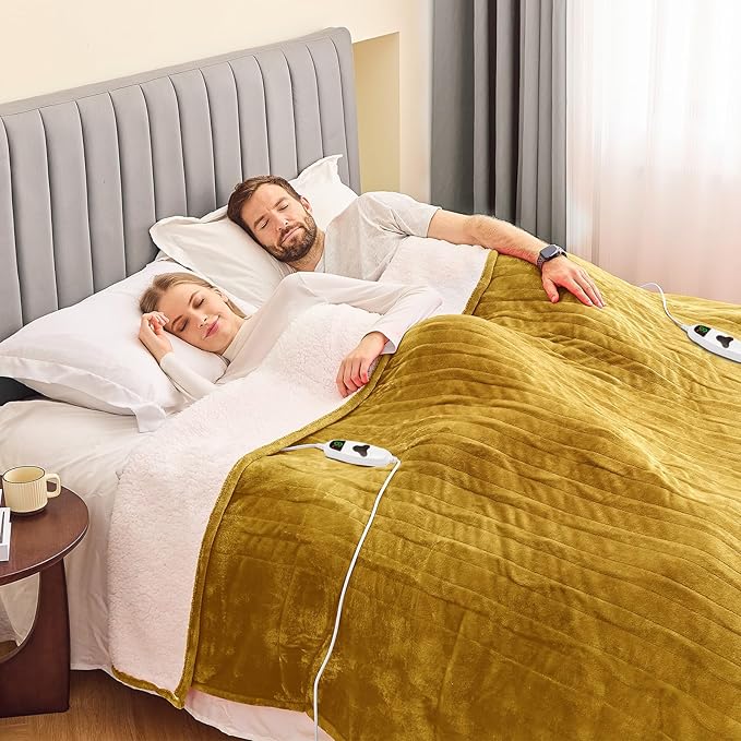 greenoak Heated Blanket Electric Queen Size 84"X90" Dual Control, Heating Blankets with 10 Levels 8 Hours Auto-Off, Soft Flannel House Warming Gifts for Grandma Seniors Mom, Brownish Yellow