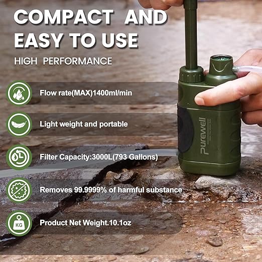 Purewell Water Hand Purifier Pump with Replaceable Carbon 0.01 Micron Water, Stages, Portable Outdoor Emergency and Survival Gear - Camping, Hiking, Backpacking(Green)