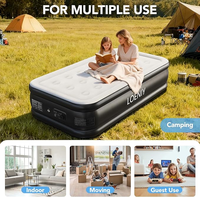 Twin Air Mattress with Built-in Pump, 18” High Inflatable Mattress with Storage Bag, 2 Mins Easy Inflation/Deflation Blow up Mattress, Flocked Top Inflatable Bed for Camping, Adults & Guests