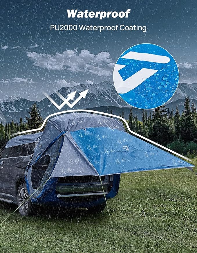 JOYTUTUS SUV Tailgate Tent with Three Sides Awning and Poles, Water Resistant SUV Camping Tent with Car Roof Cover, Car Camping Universal Fit Most SUVs, Cars, Grey Blue