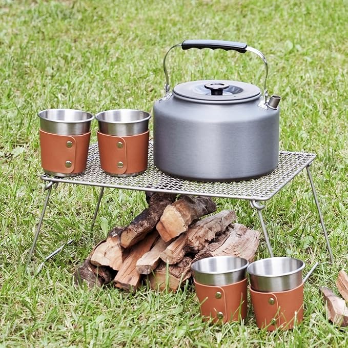 Bulin Camping Kettle, 2.2L Large Portable Stovetop Tea Kettle Fast Heating Boiling Hot Water for Open Fire Lightweight Coffee Pot with 4 Camping Cups & Anti-scald Sleeves for Outdoor Hiking Picnic