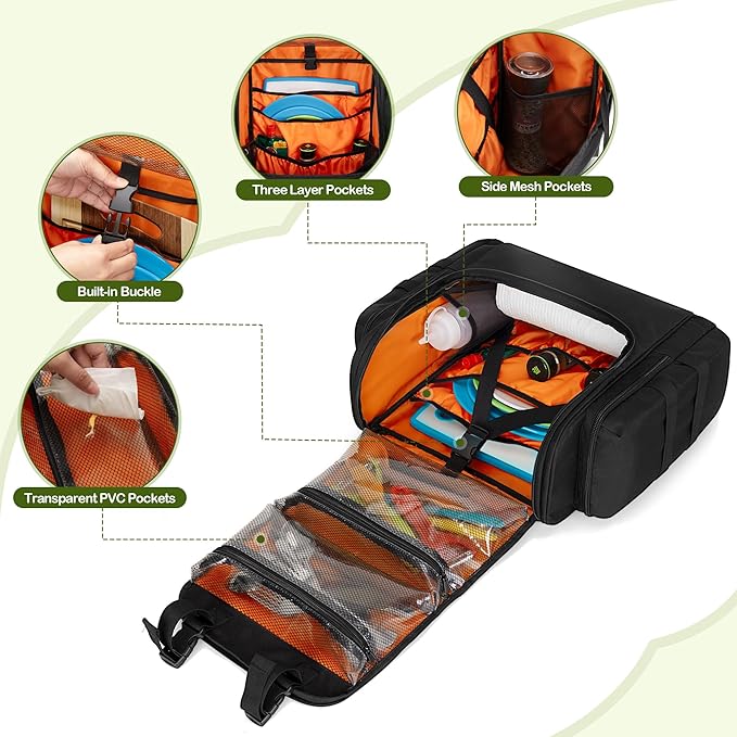 HODRANT Large Tactical Camping Kitchen Organizer, Hanging Cookware Storage Bag with Paper Towel Holder & Multi Pockets, Portable Camp Utensil Organizer for BBQ Cooking Essentials, Black, Bag Only