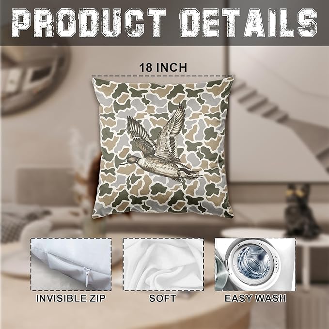 Mallard Duck Camo Pillow Cover 18x18, Duck Hunting Decor, Farmhouse Retro Wildlife Hunting Decorative Throw Pillow Cover for Kids Room Home Bedroom Living Room Cabin Sofa Couch