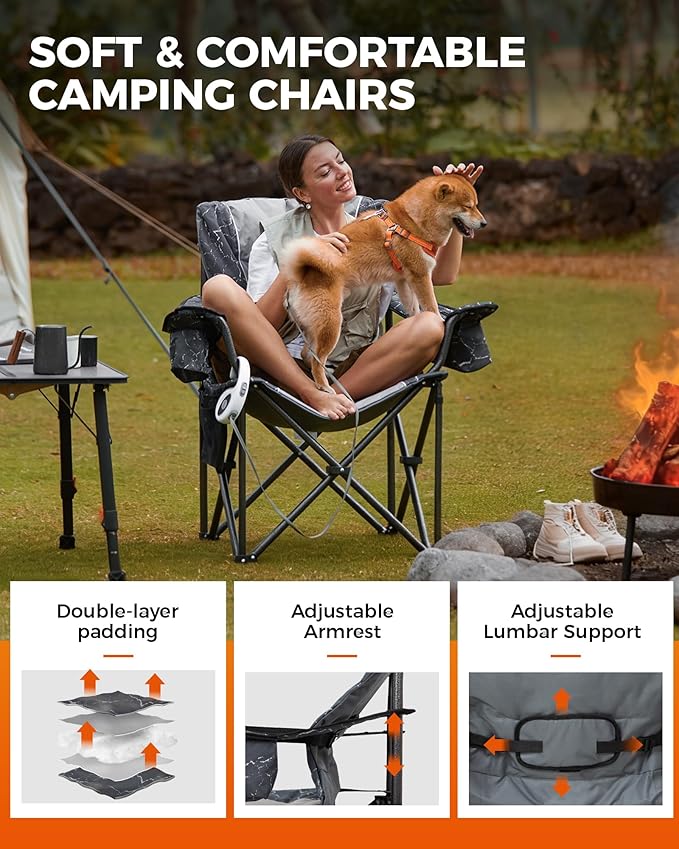 KingCamp Oversized Camping Folding Chair, Heavy Duty 450 LBS with Lumbar Support, Padded seat with Cup Holder&Cooler Bag, Ideal for Camp, Fishing, Sports Event, Backyard, Patio, Lawn