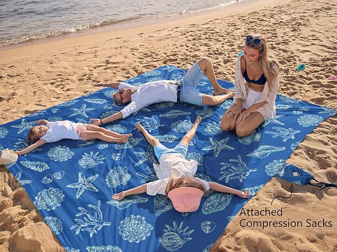 WEKAPO Beach Blanket Waterproof Sandproof Oversized, Extra Large Beach Mat Sand Free, Lightweight & Compact Sand Free Mat with 5 Stakes & 4 Corner Pockets