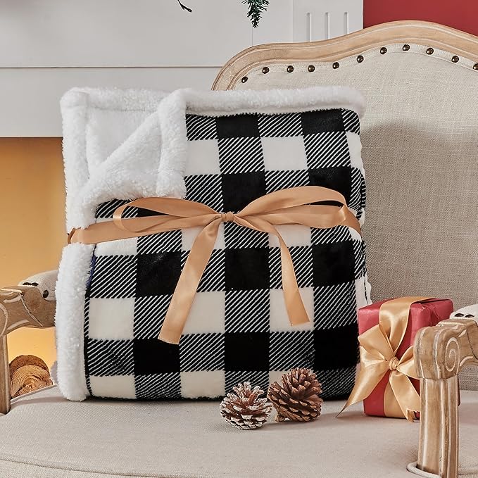 BEDELITE Sherpa Fleece Blankets King Size - Black and White Buffalo Plaid Christmas Blanket, Super Soft Cozy Warm Thick Winter Blanket for Couch and Bed, 108" x 90"