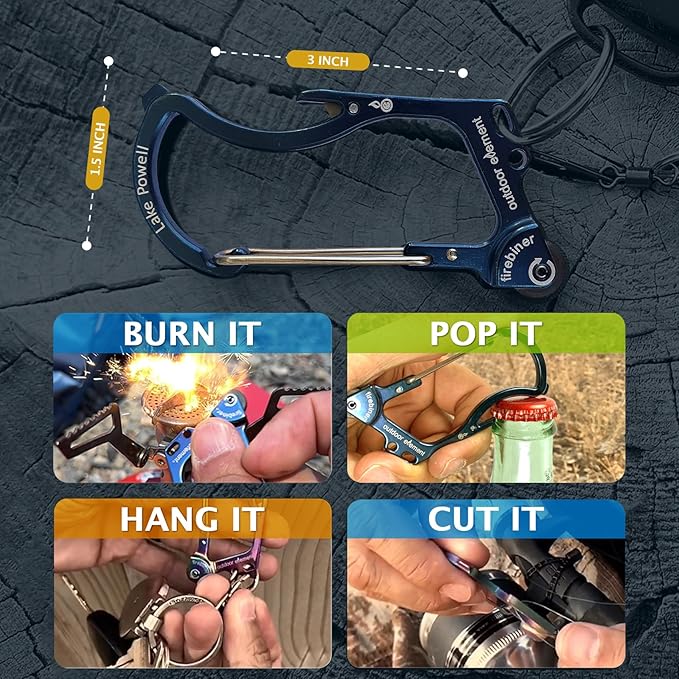 OUTDOOR ELEMENT Firebiner Custom Engraved 6-in-1 Fire Starter Carabiner Multitool – Survival Gear EDC Keychain with Utility Blade, Bottle Opener, Screwdriver, Emergency Tool
