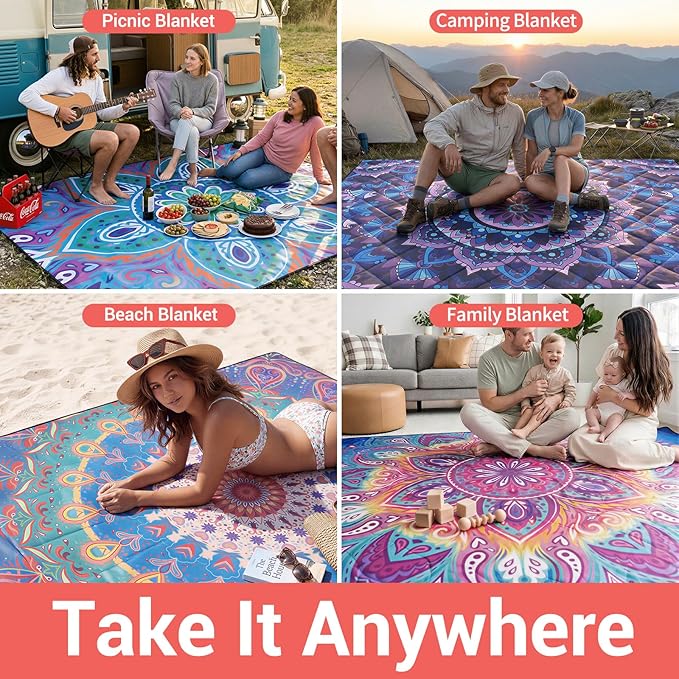 60x80" Picnic Blankets Outdoor Beach Blanket Water Sand Resistant Folding Grass Lawn Concert Park Yard Sitting Mats Backpack Motorhome Rv Camping Essential Campers Patio Garden Gifts Things