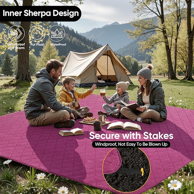 Waterproof Camping Blanket w/Sherpa Lining, Large Stadium Blankets for Outdoor Cold Weather, Windproof Emergency Throw, LightWeight and Warm for Hiking, Dog, Picnic, Washable, 67”X 87” (Purple, 1PCS)