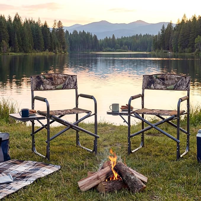 COSTWAY Folding Camping Chair, Lightweight Portable Directors Chair w/Side Table & Cup Holder, Padded Outdoor Heavy Duty Lawn Chair for Fishing, Picnic, Sports, Beach, Max Load 400 lbs (Camouflage,1)