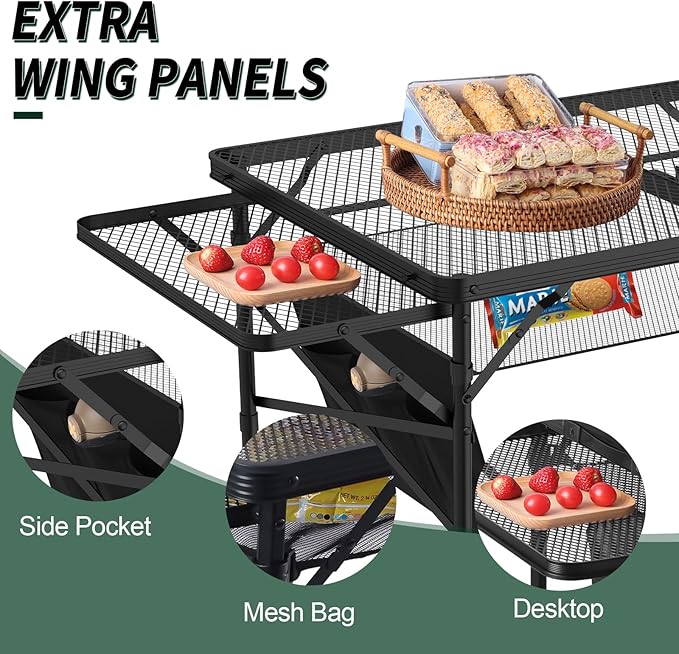 WildFinder Folding Table with 2 Wing Panels, 3x2 FT Camping Table with Mesh Desktop,Height Adjustable Folding Grill Table with Mesh Bag,Portable Outdoor Table for Picnic,Camping,BBQ,Beach(Black)