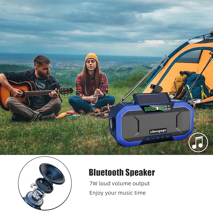 Emergency Radio Waterproof Bluetooth Speaker,Portable AM FM Radio with 5000mAh/18500mWh Cell Phone Charger,Flashlight,Reading Lamp,Hand Crank NOAA Weather Radio with Solar Panel,Emergency Survival Kit