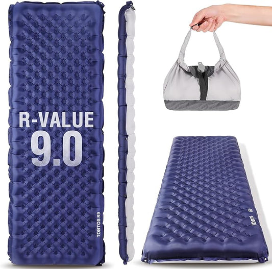 TOBTOS Camping Sleeping Pad with 9.0 R-Value, 4" Thick Inflatable Camping Mattress for All Season, Compact Insulated Sleeping Mat for Backpacking & Hiking (Rectangular)